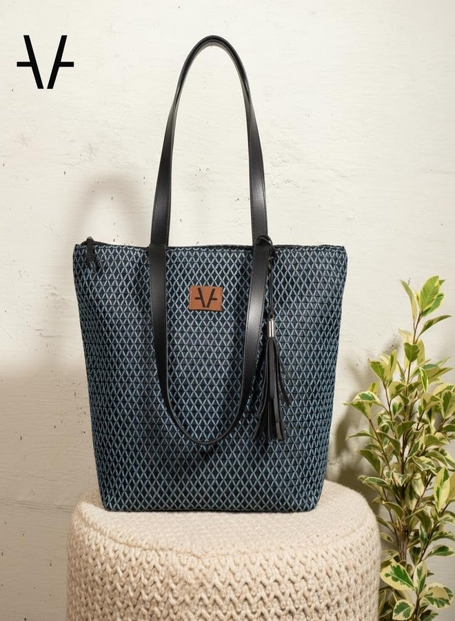 Avake Denim Cross Tote Bag with Raffia and Vegan Leather Accents | Fits 14-Inch Laptop | Stylish & Durable | Lightweight Shoulder Bag for Work, Travel & Daily Use | Made in India - Image 2